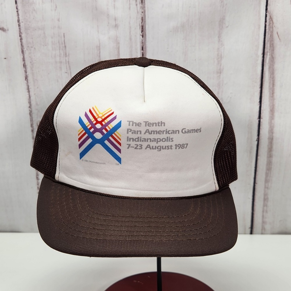 VTG 1987 Tenth Pan American Games Mesh Trucker Cap Snapback Hat Brown Logo